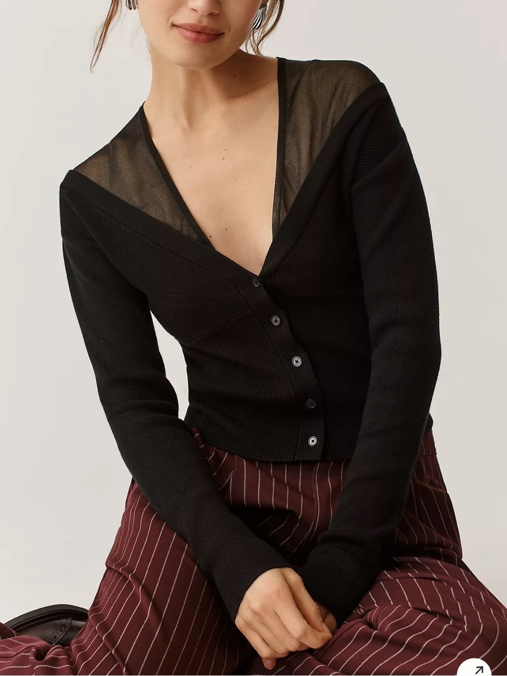 Maeve Sheer-Inset V-Neck Cardigan Sweater Black Size Large